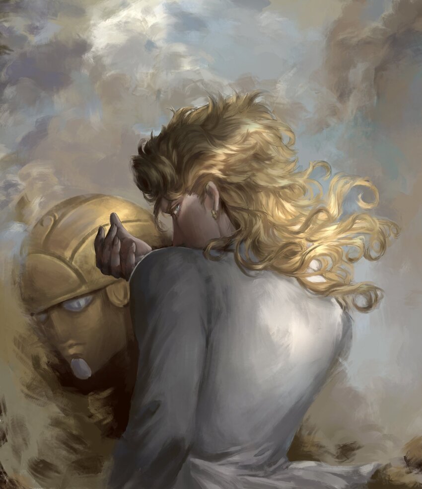 1boy 1other blonde_hair blue_eyes bussiarati curly_hair dio_brando&#039;s_pose_(jojo) earrings from_behind giorno_giovanna gold_experience highres jacket jewelry jojo_no_kimyou_na_bouken jojo_pose long_hair looking_at_viewer single_earring stand_(jojo) vento_aureo white_eyes white_jacket
