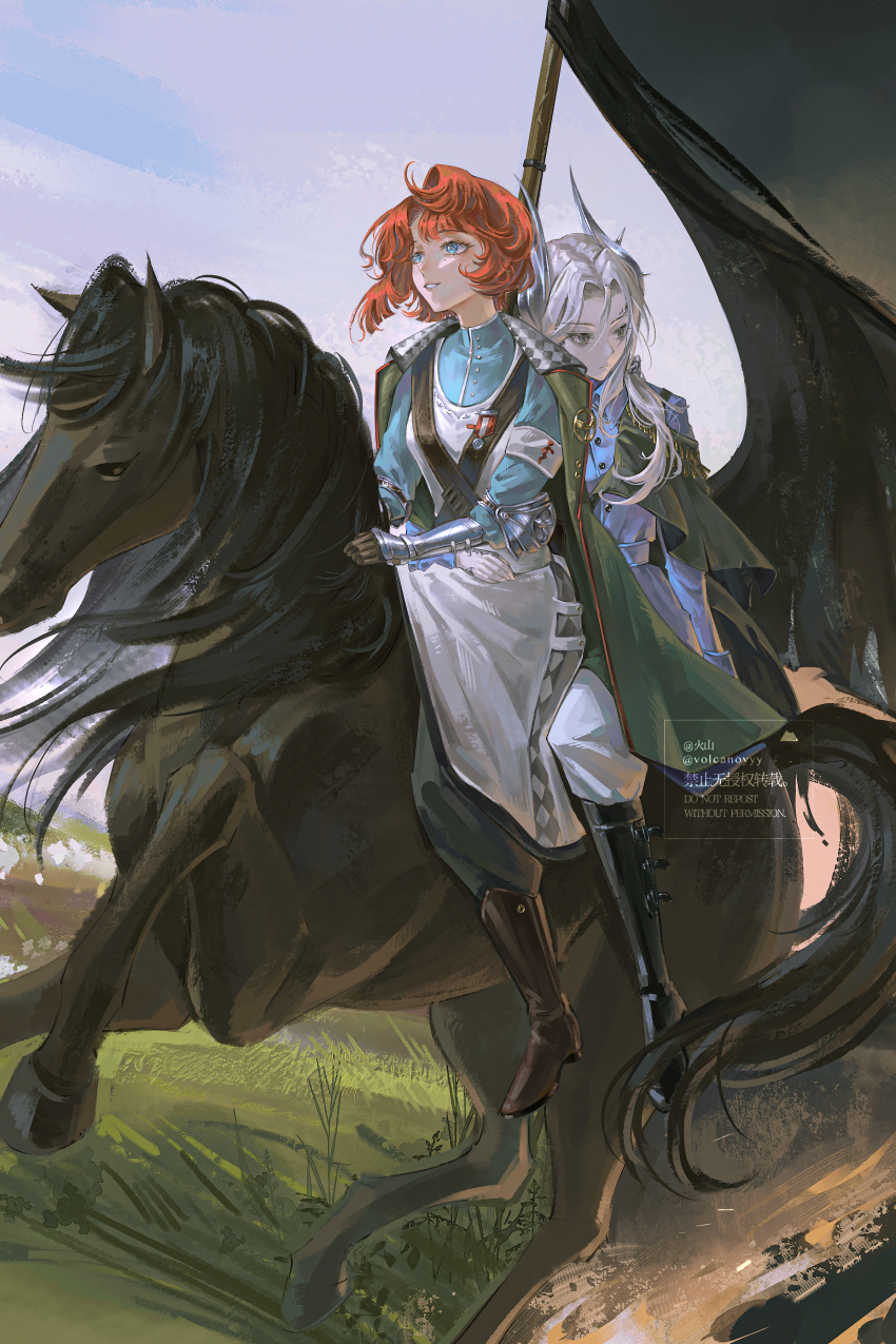 absurdres armband black_boots black_cape black_horse blue_eyes blue_jacket blue_shirt blue_sky boots brown_boots cape couter cropped dress gauntlets grass grey_eyes grey_hair grin gun hair_ornament highres horseback_riding jacket long_dress long_hair looking_ahead marsha_(reverse:1999) multiple_riders outdoors pants pants_under_dress red_hair reverse:1999 riding rifle rod_of_asclepius sentinel_(reverse:1999) shirt short_hair sky smile volcanoyyy weapon white_armband white_dress white_pants