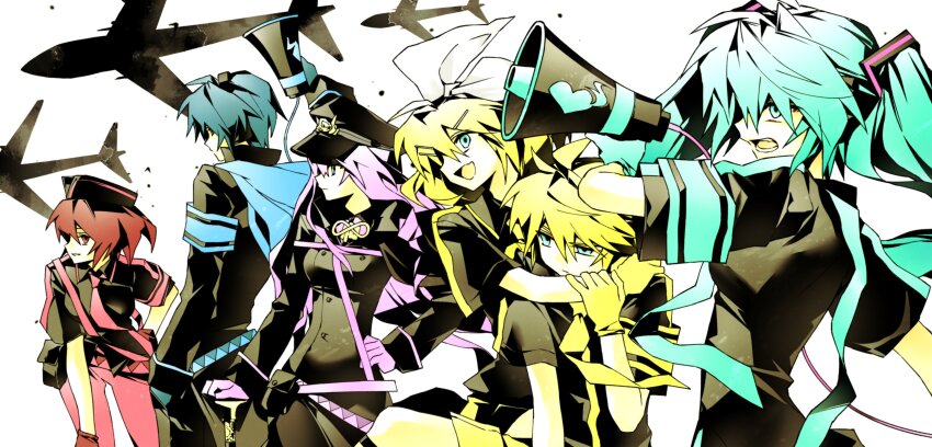 2boys 4girls absurdres aqua_hair blonde_hair blue_eyes blue_hair hat hatsune_miku highres holding holding_megaphone hynn0x_x kagamine_len kagamine_rin kaito_(vocaloid) koi_wa_sensou_(vocaloid) megaphone megurine_luka meiko_(vocaloid) multiple_boys multiple_girls necktie pink_hair smile twintails vocaloid yellow_necktie