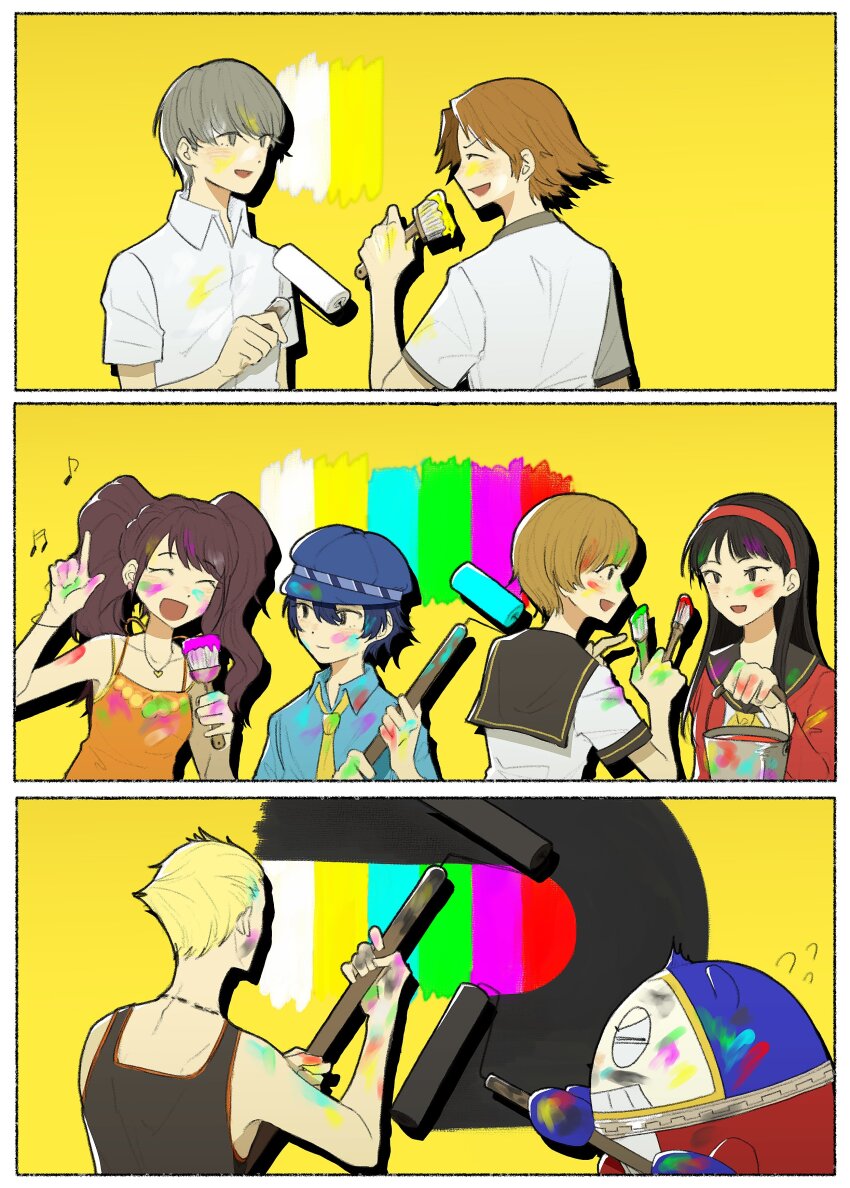 4boys 4girls absurdres amagi_yukiko black_hair black_shirt blue_hair blue_hat blue_shirt brown_hair closed_eyes collared_shirt commentary_request dress facepaint flying_sweatdrops from_behind grey_hair hairband hanamura_yousuke hat highres holding holding_paintbrush kujikawa_rise kuma_(persona_4) long_hair millotic multiple_boys multiple_girls musical_note narukami_yu necktie newsboy_cap orange_dress paint paintbrush persona persona_4 persona_4_revival red_hairband satonaka_chie school_uniform shirogane_naoto shirt sleeveless sleeveless_dress sleeveless_shirt smile tatsumi_kanji twintails white_shirt yasogami_school_uniform yellow_background yellow_necktie