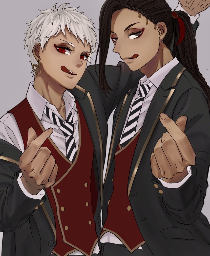 2boys black_suit blue_eyes brown_eyes brown_hair commentary_request dark-skinned_male dark_skin finger_heart formal_clothes grey_background highres jamil_viper kalim_al-asim licking_lips long_hair looking_at_viewer male_focus multiple_boys necktie night_raven_college_uniform ponytail red_eyes red_vest school_uniform shirt short_hair simple_background striped_necktie suit tongue tongue_out twisted_wonderland ukichan12011 upper_body vest white_hair white_shirt