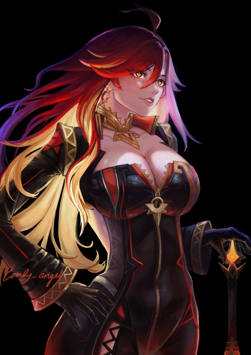 1girl absurdres black_background black_bodysuit black_gloves bodysuit breasts cleavage comfy_angel genshin_impact gloves highres large_breasts mavuika_(genshin_impact) multicolored_eyes multicolored_hair orange_eyes orange_hair red_eyes red_hair simple_background solo