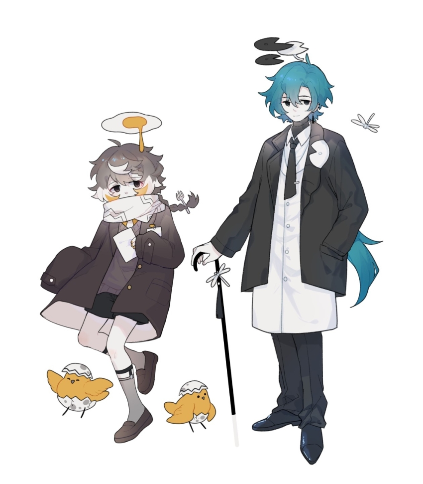 2boys ahoge aqua_hair baby_animal bird black_coat black_footwear black_necktie black_pants black_shorts braid brown_coat bug cane chick coat collared_shirt covered_mouth dragonfly earrings floating floating_hair food fork_hair_ornament grey_eyes grey_hair grey_socks grey_sweater hair_between_eyes hand_in_pocket highres holding holding_cane holding_paper id_card insect jewelry kneehighs light_smile lily_pad loafers long_hair long_sleeves looking_at_viewer low_ponytail multicolored_hair multiple_boys necktie omelet open_clothes open_coat original oversized_clothes oxfords pale_skin pants paper ponytail scarf shirt shoes short_necktie shorts simple_background single_braid single_earring sleeves_past_wrists socks standing streaked_hair sweater tassel tassel_earrings tianzhao_daiyushen tie_clip turtleneck two-tone_hair very_long_hair walking white_background white_coat white_hair white_necktie white_scarf white_shirt yellow_nails yellow_shirt