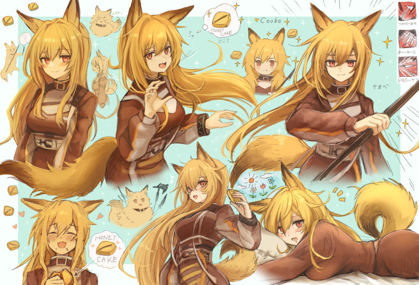 1girl 3_(sanyako1) ^^^ animal animal_ears arknights axe baklava belt blonde_hair blush bracelet breast_press breasts ceobe_(arknights) closed_mouth dog dog_ears dog_girl dog_tail eating fang fang_out food heart highres holding holding_food holding_weapon hugging_object infection_monitor_(arknights) jewelry large_breasts long_hair long_sleeves looking_at_viewer lying multiple_views on_stomach open_mouth pajamas pillow pillow_hug red_eyes smile sparkle speech_bubble tail thought_bubble very_long_hair weapon