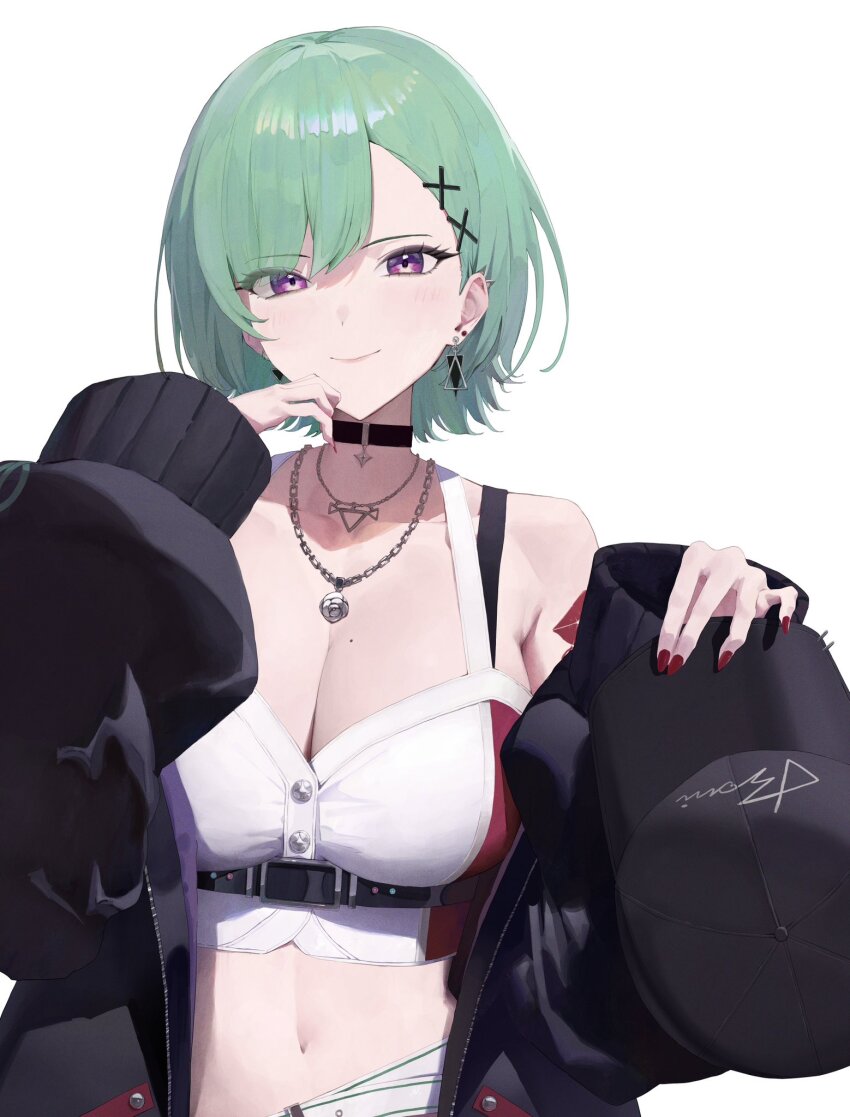 1girl arm_tattoo asymmetrical_bangs asymmetrical_hair baseball_cap belt black_choker black_hat black_jacket blush bra_strap breasts chain chain_necklace chest_belt choker cleavage closed_mouth commentary crop_top ear_piercing earrings eyelashes eyeshadow flower flower_necklace green_hair hair_behind_ear hair_ornament hand_to_own_mouth hat highres holding holding_unworn_clothes holding_unworn_hat jacket jewelry large_breasts lipstick_mark_tattoo looking_at_viewer makeup midriff mole mole_on_breast multicolored_jacket nail_polish navel necklace off_shoulder official_alternate_costume open_clothes open_jacket pierced_hat piercing purple_eyes purple_eyeshadow purple_jacket red_nails short_hair simple_background smile solo symbol-only_commentary tank_top tattoo triangle_earrings two-sided_fabric two-sided_jacket two-tone_jacket underbust unworn_hat unworn_headwear unzipped upper_body virtual_youtuber vspo! white_background white_belt white_tank_top wide_sleeves x_hair_ornament yakumo_beni yakumo_beni_(4th_costume) yu_(ba9ama)