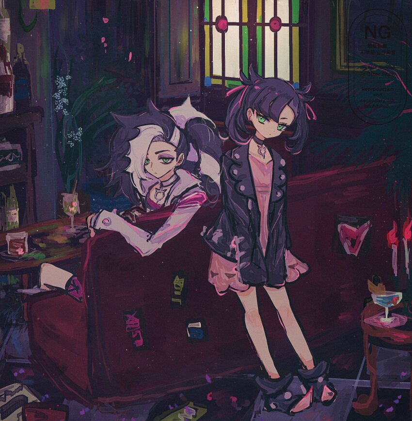 1boy 1girl black_choker black_hair candle choker collar commentary couch dress eyeshadow green_eyes hair_ribbon highres horimhkw11 indoors jacket leaning_on_object leather leather_jacket long_hair looking_at_viewer makeup marnie_(pokemon) metal_collar multicolored_hair nintendo on_couch pendant_choker piers_(pokemon) pink_dress pink_shorts plant pointy_shoes pokemon pokemon_swsh purple_eyeshadow ribbon shoes shorts sleeves_past_fingers sleeves_past_wrists split_ponytail symbol-only_commentary twintails two-tone_hair white_hair window