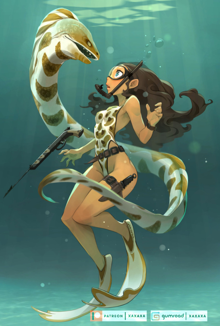 1girl belt blue_eyes breasts brown_hair camouflage commentary confrontation covered_erect_nipples dark-skinned_female dark_skin eel english_commentary fingernails flippers full_body goggles gumroad_username highleg highleg_one-piece_swimsuit highres holster holstered knife lips long_hair moray_eel ocean one-piece_swimsuit original paid_reward_available patreon_username petite pinup_(style) small_breasts snorkel speargun surprised swimsuit teeth thigh_holster underwater upper_teeth_only watch water wristwatch xaxaxa