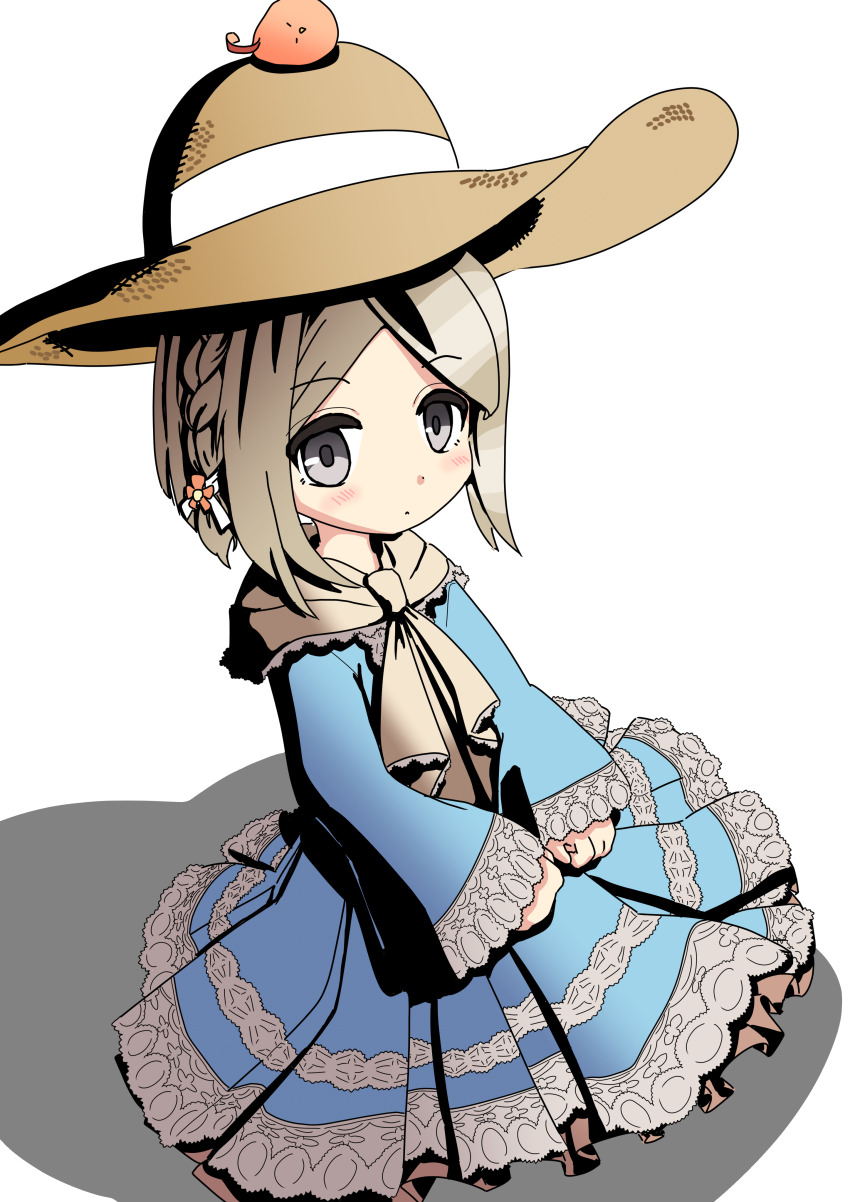 1girl absurdres blonde_hair blue_dress breasts capelet dress emil_chronicle_online flat_chest frilled_dress frills frolyflow2 grey_eyes hat highres simple_background sitting starler_alma straw_hat white_capelet