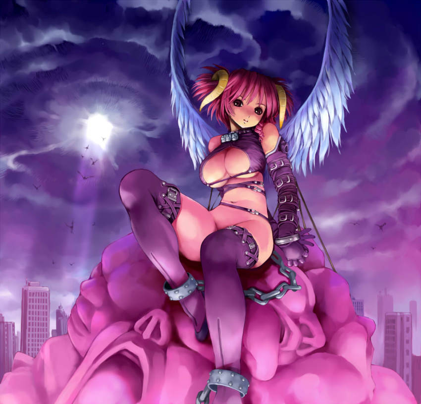 1girl angel bdsm bondage bottomless bound breasts brown_eyes chain city cleavage cleavage_cutout clothing_cutout cuffs demon_girl detached_sleeves female_focus horns large_breasts legion legion_(castlevania) light_rays looking_at_viewer navel original pink_hair shackles short_hair sitting sky slave solo sunbeam sunlight thighhighs togusa_masamu turtleneck underboob wings