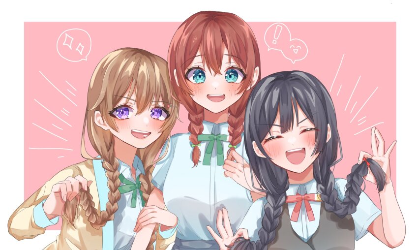 ! 3girls aqua_eyes arm_grab blue_shirt blush border braid breasts brown_hair closed_eyes collared_shirt commentary_request emma_verde facing_viewer green_ribbon grey_vest hair_between_eyes highres holding holding_own_hair jacket konoe_kanata large_breasts long_hair long_sleeves looking_at_viewer love_live! love_live!_nijigasaki_high_school_idol_club low_twintails medium_hair multiple_girls nakagawa_nana neck_ribbon nijigasaki_school_uniform notice_lines open_clothes open_jacket open_mouth osora_dao outside_border pink_background purple_eyes red_ribbon ribbon school_uniform shirt short_sleeves sidelocks spoken_exclamation_mark spoken_expression spoken_sparkle summer_uniform teeth twin_braids twintails upper_body upper_teeth_only v-shaped_eyebrows vest white_border yellow_jacket yuki_setsuna yuki_setsuna_(love_live!)