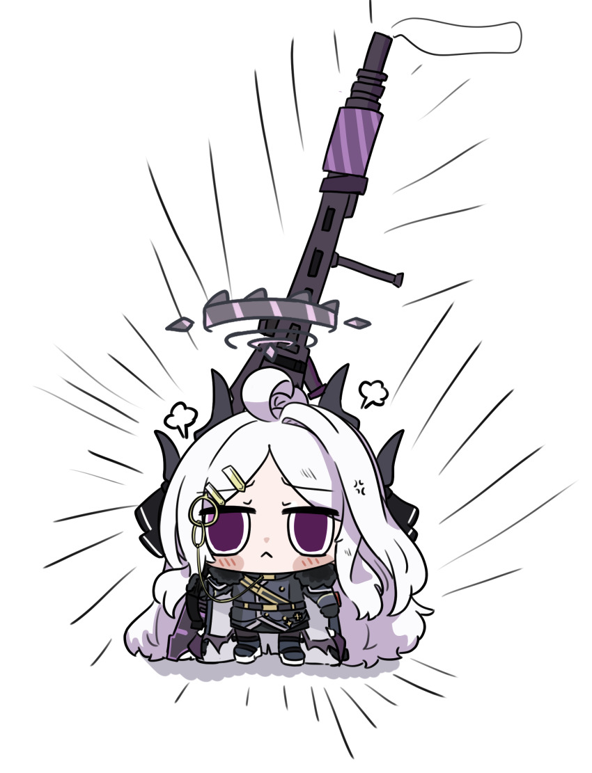 1girl absurdres ahoge blue_archive chibi e_v_e_neko gun highres hina_(blue_archive) horns long_hair machine_gun mg42 purple_eyes solo weapon white_hair