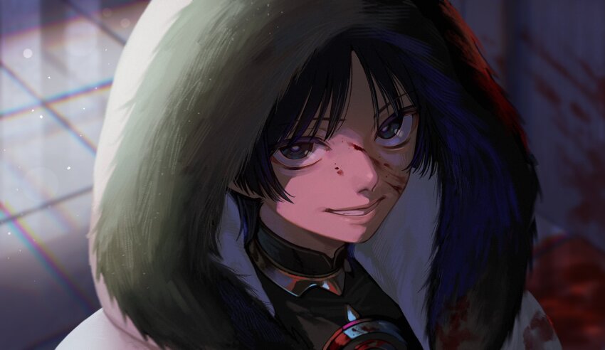 1boy black_bodysuit black_eyes black_hair blood blood_on_clothes blood_on_face blood_on_ground blunt_ends blurry blurry_background bodysuit bright_pupils choppy_bangs coat depth_of_field eyeliner eyeshadow fqczmknaum71262 from_above fur-trimmed_coat fur-trimmed_hood fur_trim genshin_impact gold grin highres hood hood_up hooded_coat jewelry looking_at_viewer makeup making-of_available male_focus mandarin_collar neck_ring parted_bangs portrait procreate_(medium) red_eyeliner red_eyeshadow sanpaku scaramouche_(genshin_impact) smile solo teeth white_coat white_hood white_pupils