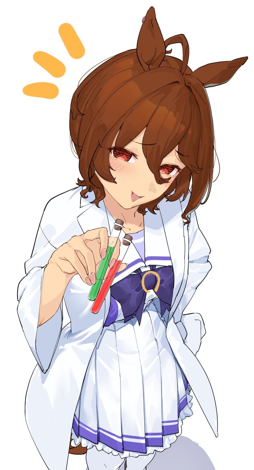 1girl agnes_tachyon_(umamusume) ahoge animal_ears bow bowtie brown_hair coat cork emphasis_lines hair_between_eyes hair_intakes hand_on_own_hip hand_up highres holding holding_test_tube horse_ears horse_girl horse_tail lab_coat looking_at_viewer open_mouth pink_bow pink_bowtie pleated_skirt purple_shirt red_eyes sailor_collar shirt simple_background skirt smile solo tail takamaza test_tube umamusume white_background white_coat white_sailor_collar white_skirt wide_sleeves