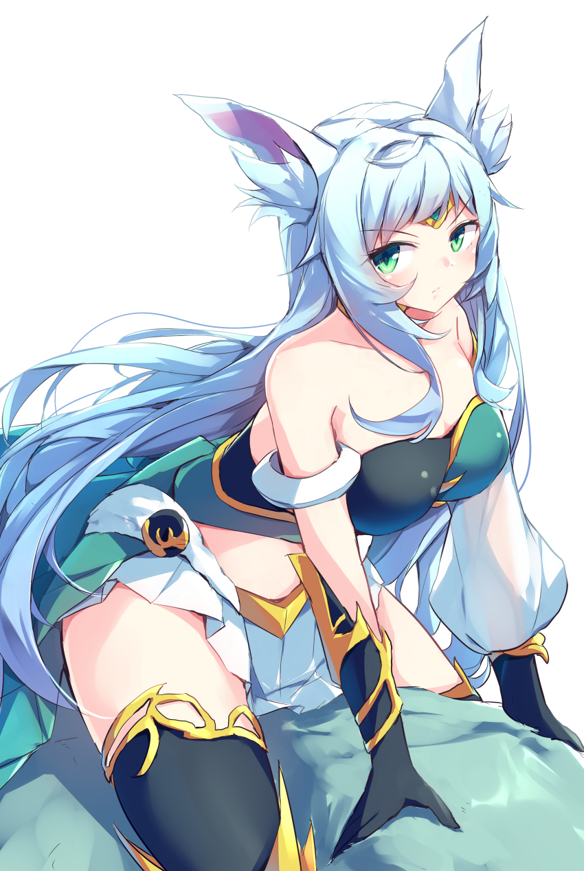 1girl absurdres animal_ear_fluff animal_ears apollousa_bow_of_the_goddess aqua_hair asymmetrical_sleeves black_gloves black_thighhighs breasts closed_mouth collarbone duel_monster forehead_jewel gloves green_eyes highres kanzakietc large_breasts long_hair midriff riding simple_background skirt solo thighhighs thighs white_background white_skirt yu-gi-oh!