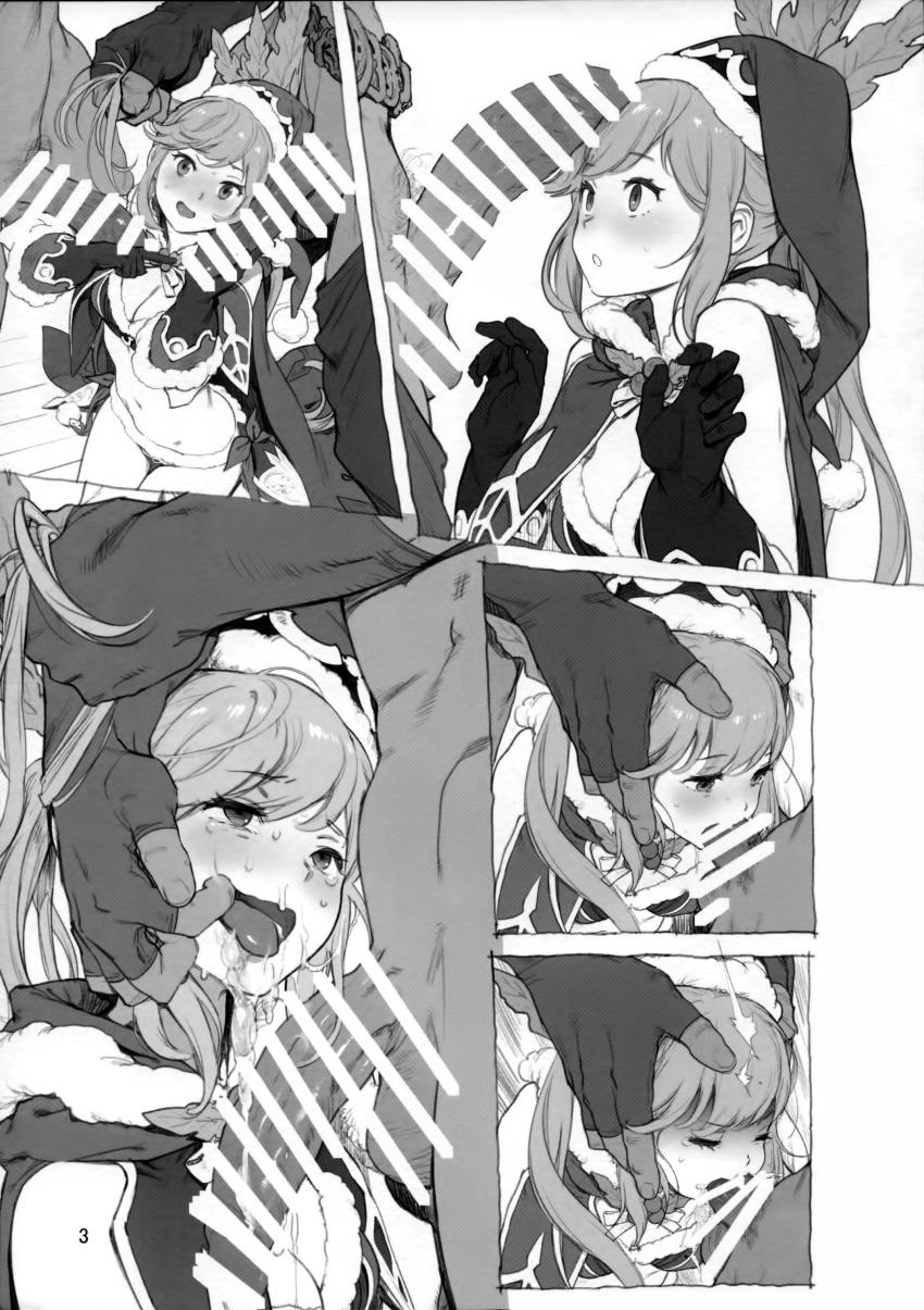1girl 2boys absurdres after_fellatio bar_censor blush breasts censored clarisse_(granblue_fantasy) cleavage cum cum_in_mouth dark-skinned_male dark_skin erection closed_eyes fellatio fingerless_gloves gloves grabbing_another&#039;s_hair granblue_fantasy greyscale group_sex hat hetero highres huge_filesize inoue_kiyoshirou irrumatio large_penis long_hair medium_breasts mmf_threesome monochrome multiple_boys navel oral penis penis_awe penis_on_face pointing santa_hat scan smile tears testicles threesome tongue tongue_out wide-eyed