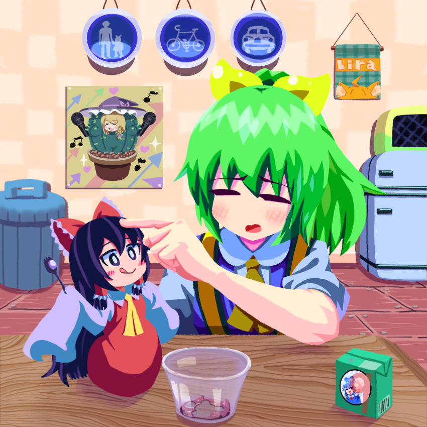 2girls absurdres animal_ear_fluff animal_ears arrow_(symbol) bicycles_only_sign black_hair blonde_hair blouse blue_dress blush_stickers bow braid cactus cirno cirno_(cookie) closed_mouth commentary_request cookie_(touhou) daiyousei diyusi_(cookie) dress food fox_ears frilled_bow frills full_body hair_between_eyes hair_bow hakurei_reimu hat hat_bow headpat heart high-visibility_clothing high-visibility_vest highres hinase_(cookie) holding holding_spork hotaruda_(cookie) indoors juice_box kirisame_marisa licking_lips long_hair looking_at_another medium_hair microphone mini_person minigirl miramikaru_riran monster_girl motor_vehicles_only_sign multiple_girls musical_note open_mouth pedestrians_only_sign pinafore_dress plant_girl poster_(object) psychic_parrot pudding puffy_short_sleeves puffy_sleeves purple_bow red_bow red_dress refrigerator rei_(cookie) road_sign shirt short_sleeves sign single_braid sleeveless sleeveless_dress sleeves_past_wrists sparkle spork table tongue tongue_out touhou trash_can upper_body very_long_hair white_shirt white_sleeves witch_hat wooden_floor yellow_bow yellow_neckwear