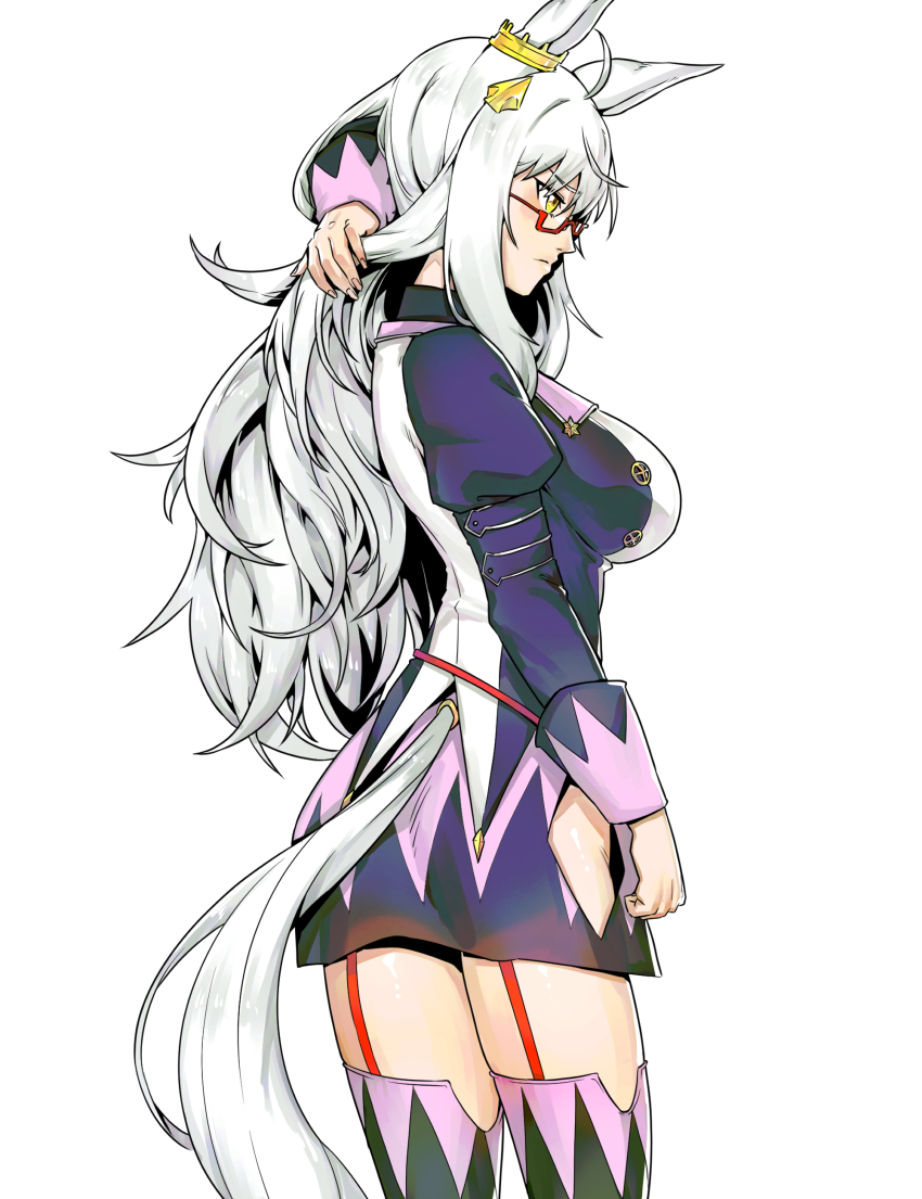 1girl absurdres animal_ears biwa_hayahide_(umamusume) breasts closed_mouth cowboy_shot from_side garter_straps glasses grey_hair highres horse_ears horse_girl horse_tail impossible_clothes impossible_shirt juliet_sleeves large_breasts long_hair long_sleeves minew puffy_sleeves red-framed_eyewear red_garter_straps semi-rimless_eyewear shirt simple_background skin_tight skirt skirt_set sleeve_cuffs solo tail thighhighs umamusume very_long_hair white_background yellow_eyes