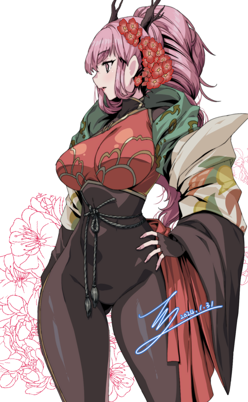 1girl braid braided_ponytail breasts chinese_new_year commission commissioner_upload dragon_horns fingerless_gloves floral_background flower from_side gloves hair_flower hair_ornament hand_on_own_hip highres horns large_breasts long_hair long_sleeves mu_xiaokui_(phantom_blade) non-web_source parted_lips phantom_blade_(game) pink_eyes pink_hair rantia skeb_commission solo thighs upper_body