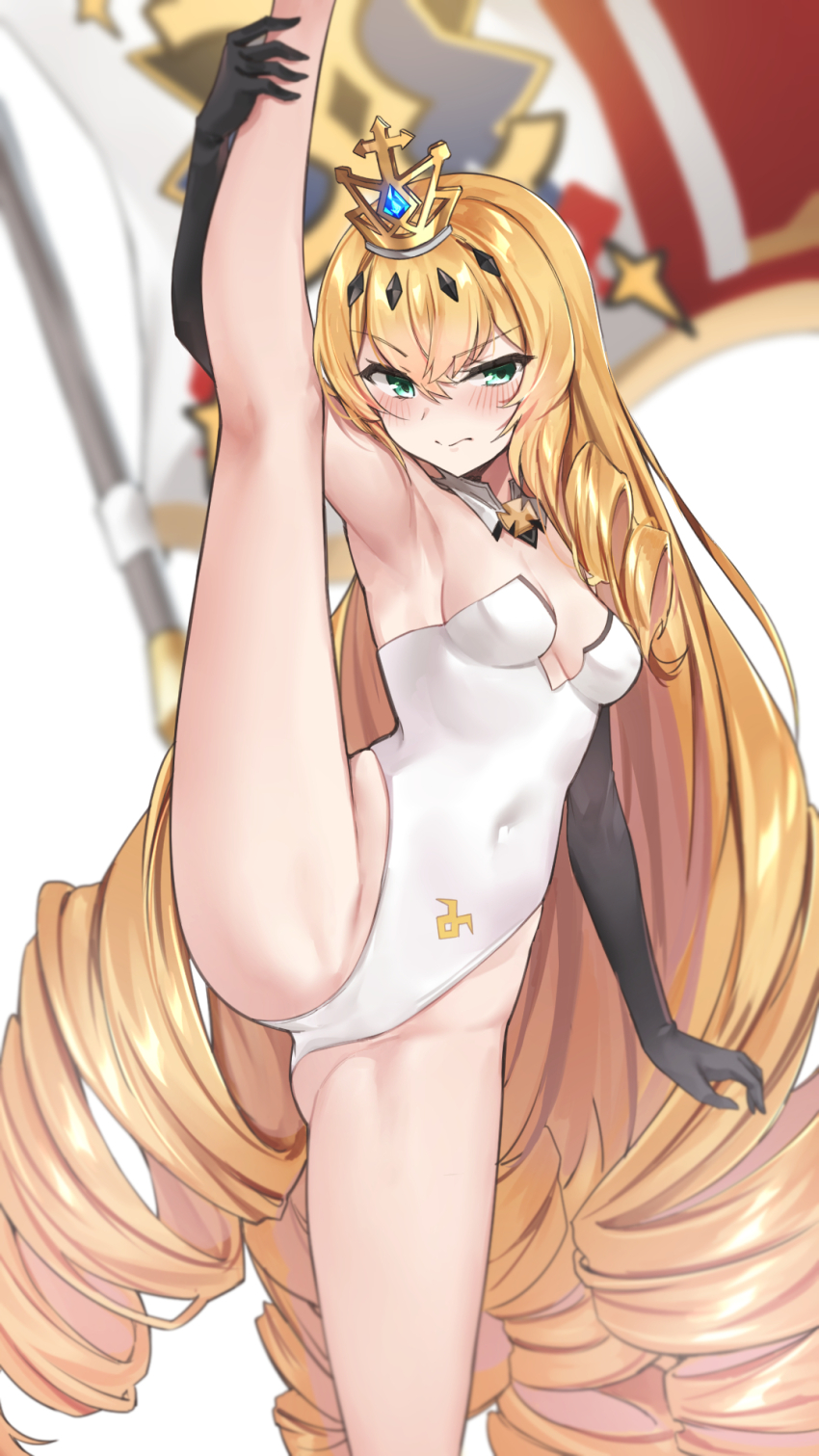 1girl arm_up armpits averting_eyes black_gloves blonde_hair blue_gemstone blurry blurry_background blush coat cocked_eyebrow collar covered_navel cowboy_shot cross cross_patty crossed_bangs crown detached_collar drill_hair elbow_gloves embarrassed epic_seven faithless_lidica_(epic_seven) flag frown gem gloves gold_crown green_eyes hand_on_own_leg highleg highleg_leotard highres korean_commentary leotard lidica_(epic_seven) long_hair looking_to_the_side qnishi_(kyunishi) solo split standing standing_on_one_leg standing_split very_long_hair white_background white_coat white_collar