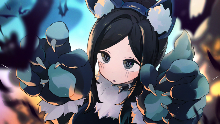1girl absurdres animal_ear_fluff animal_ear_hairband animal_ears animal_hands bat_(animal) black_eyes black_hair blurry blurry_background blurry_foreground claw_pose collar fake_animal_ears gloves hairband hands_up highres mo0o0rae mole mole_under_eye parted_lips paw_gloves portrait sakurai_touko senpai_ga_uzai_kouhai_no_hanashi solo spiked_collar spikes werewolf_costume wolf_ears wolf_paws