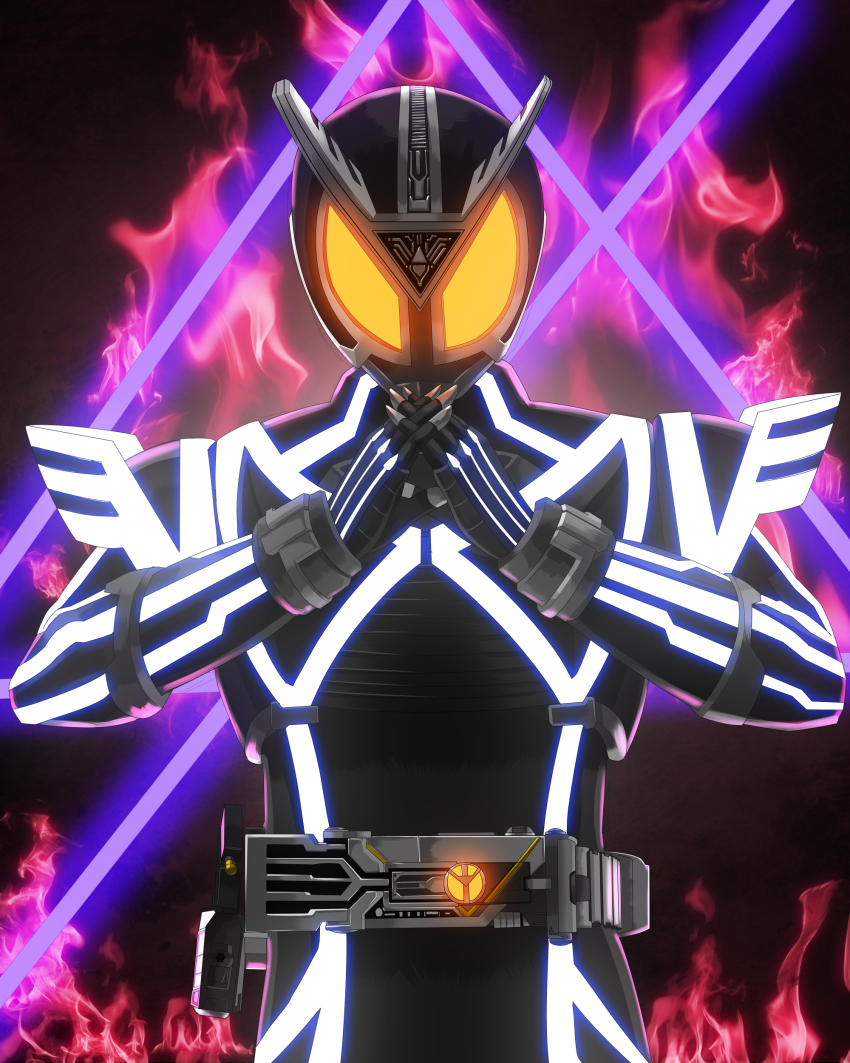 absurdres antennae crossed_fingers fire glowing glowing_eyes helmet highres interlocked_fingers kamen_rider kamen_rider_555 kamen_rider_delta looking_at_viewer male_focus moyashi_(karamisouma) portrait solo