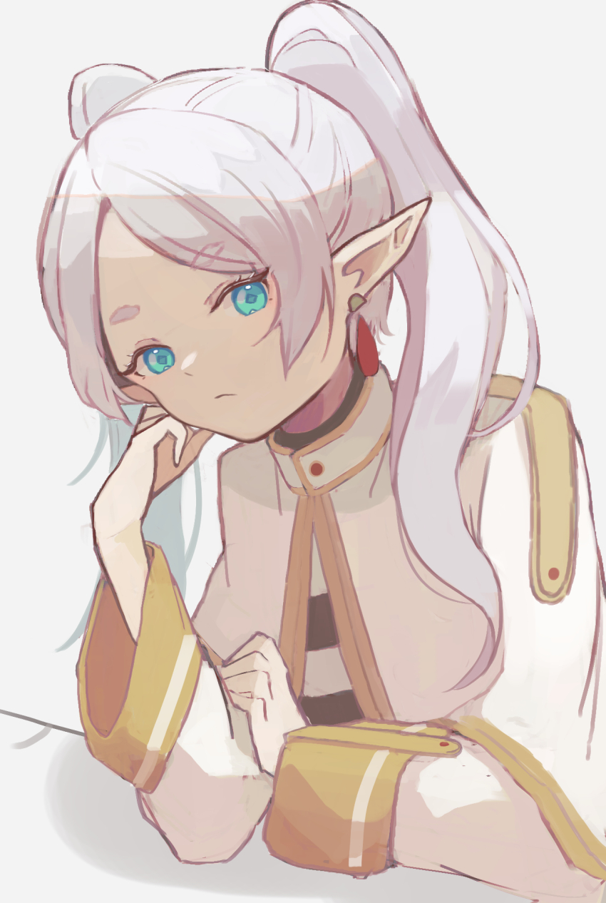 1girl aqua_eyes capelet closed_mouth commentary earrings elf expressionless frieren head_rest highres hinataku1222 jewelry long_sleeves looking_at_viewer medium_hair parted_bangs pointy_ears shirt simple_background solo sousou_no_frieren striped_clothes striped_shirt teardrop_earrings thick_eyebrows twintails upper_body white_background white_capelet white_hair white_shirt
