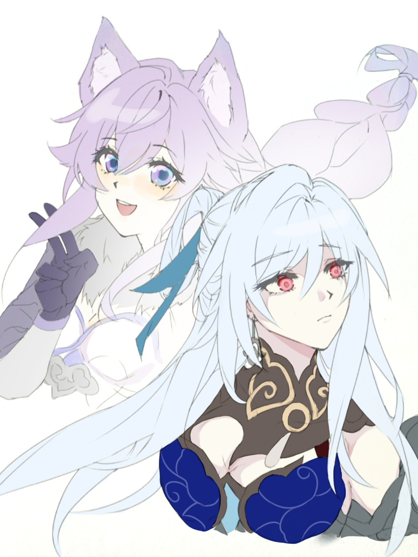 2girls :d animal_ear_fluff animal_ears baiheng_(honkai:_star_rail) black_gloves blue_hair blush breasts chinese_clothes chinese_commentary closed_mouth commentary_request cropped_torso double-parted_bangs earrings floating_hair fox_ears fox_girl fur_scarf gloves hair_between_eyes hair_intakes half_updo highres honkai:_star_rail honkai_(series) jewelry jingliu_(honkai:_star_rail) long_hair looking_at_viewer looking_to_the_side low-braided_long_hair low-tied_long_hair medium_breasts multiple_girls open_mouth purple_eyes purple_hair red_eyes simple_background smile unhappy v white_background youyouyouyouyouzi
