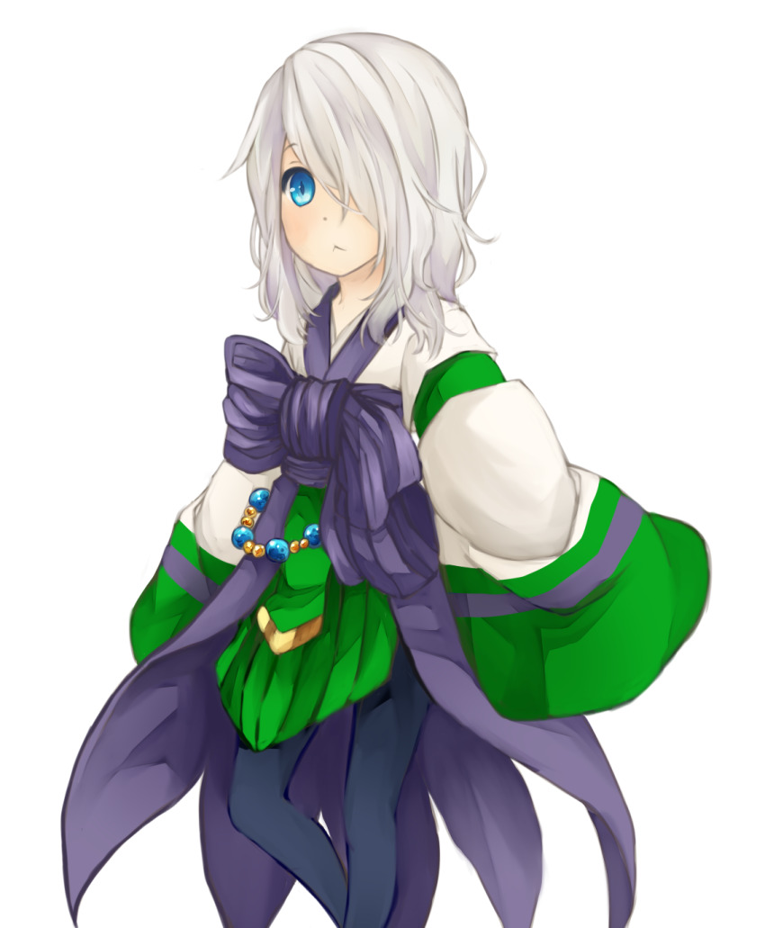 1girl alternate_color black_pantyhose blue_eyes bow closed_mouth commentary_request expressionless feet_out_of_frame green_skirt hair_over_one_eye hanbok highres korean_clothes long_sleeves looking_at_viewer medium_hair meiko_(nattu303) pantyhose purple_bow ragnarok_online shirt simple_background skirt solo soul_linker_(ragnarok_online) standing white_background white_hair white_shirt