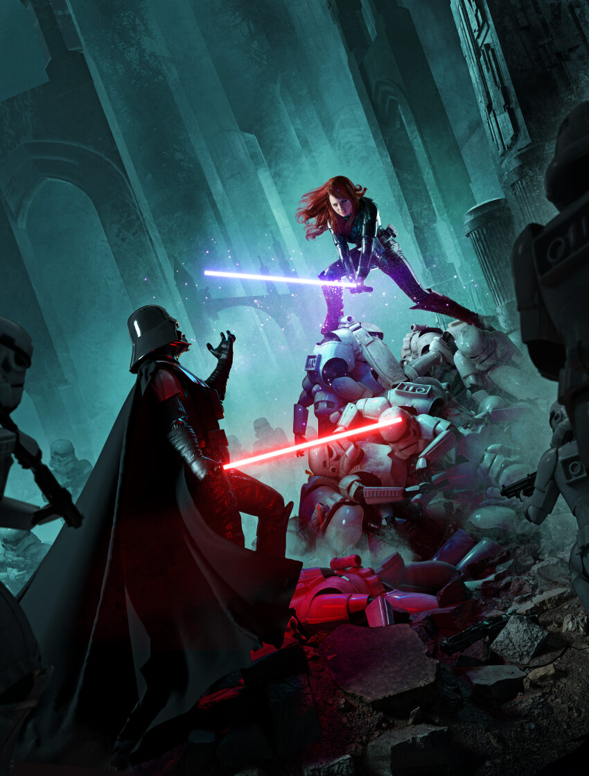 1girl 6+boys absurdres black_cape black_gloves black_helmet black_pants cape corpse darth_vader energy_sword gloves helmet highres holding holding_sword holding_weapon lightsaber long_hair mara_jade mike_heath multiple_boys pants purple_lightsaber red_hair red_lightsaber rubble star_wars stormtrooper sword weapon