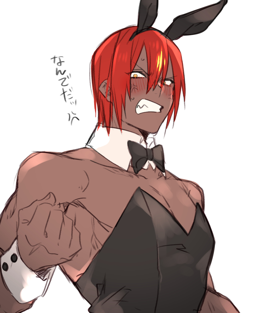 1boy anger_vein animal_ear_hairband animal_ears ashwatthama_(fate) black_bow black_bowtie black_hairband black_leotard blush bow bowtie clenched_teeth commentary_request dark-skinned_male dark_skin detached_collar fake_animal_ears fate/grand_order fate_(series) hairband highres leotard male_focus male_playboy_bunny orange_eyes rabbit_ear_hairband rabbit_ears red_hair solo strapless strapless_leotard sweat teeth tofu_(bean359) toned toned_male traditional_bowtie translation_request wrist_cuffs