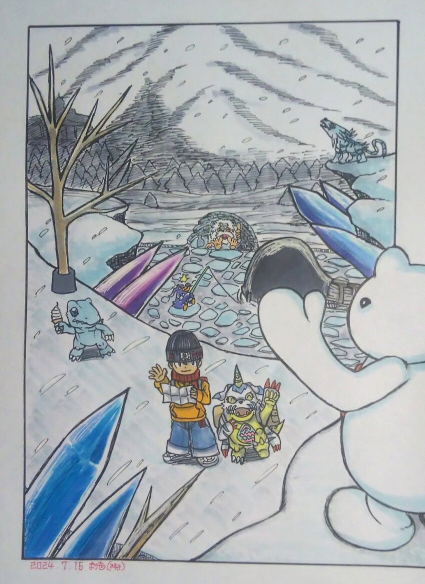 digimon digimon_(creature) gabumon garurumon hat horns ice mameo_(digimon) mojyamon penmon sharp_teeth smile snow teeth yukiagumon
