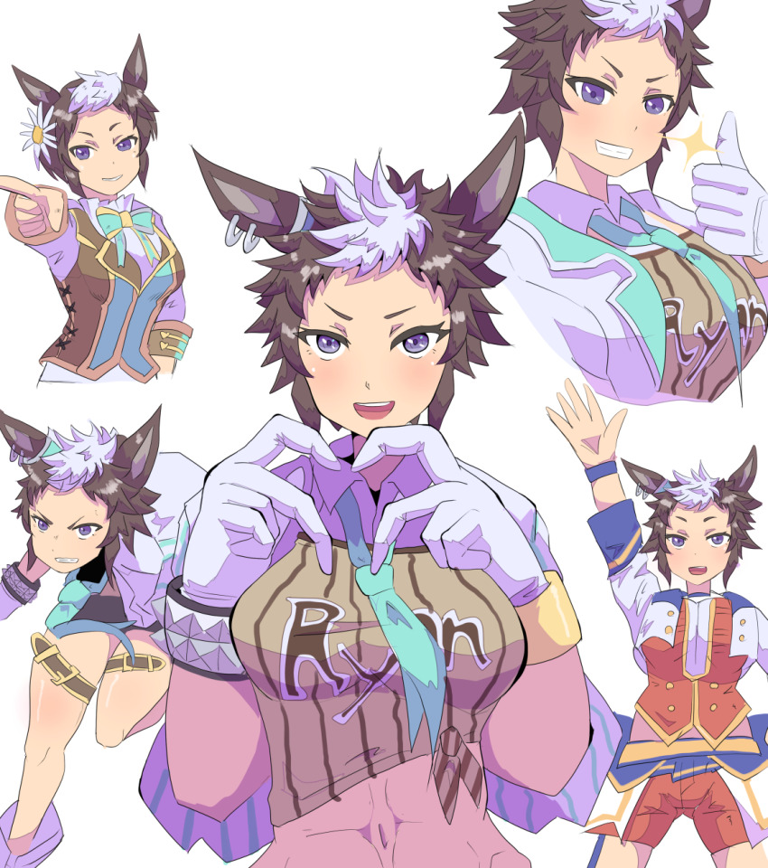 1girl :d breasts brown_hair brown_shirt commentary_request cropped_jacket flower gloves grin hair_flower hair_ornament highres jacket large_breasts mejiro_ryan_(down_the_line)_(umamusume) mejiro_ryan_(umamusume) multicolored_hair multiple_views navel open_clothes open_jacket open_mouth purple_eyes red_shorts shirt short_eyebrows shorts simple_background smile sparkle starting_future_(umamusume) takobutter thumbs_up two-tone_hair umamusume v-shaped_eyebrows white_background white_flower white_gloves white_hair white_jacket