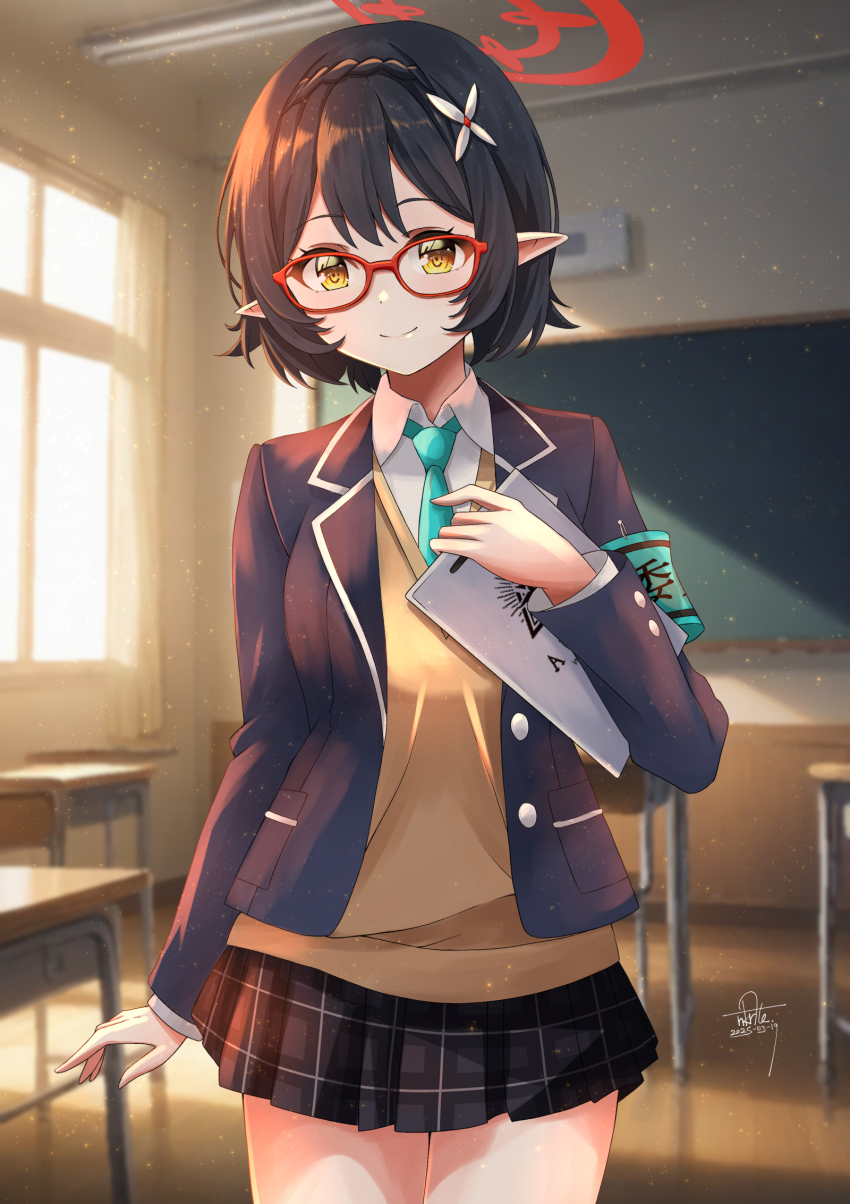 1girl aqua_armband aqua_necktie armband ayane_(blue_archive) black_hair black_jacket black_skirt blue_archive chalkboard classroom clipboard closed_mouth collared_shirt commentary_request cowboy_shot dated day desk glasses hair_between_eyes hair_ornament halo hand_up highres holding holding_clipboard indoors jacket long_sleeves looking_at_viewer nakura_haru necktie pleated_skirt pointy_ears red-framed_eyewear red_halo school_desk shirt signature skirt smile solo standing white_shirt yellow_eyes