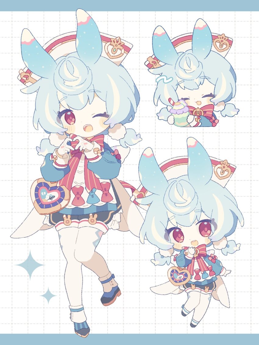 1girl :d ;d blue_hair chibi chibi_inset closed_eyes commentary_request contrapposto cropped_torso food full_body genshin_impact gloves grid_background hair_ornament hand_up hands_up hat heart heart_hands highres holding holding_food komano_shia leg_up letterboxed light_blush long_sleeves low_twintails medium_hair multicolored_clothes nurse_cap one_eye_closed open_mouth pantyhose petite pom_pom_(clothes) pom_pom_hair_ornament red_eyes short_twintails shorts sigewinne_(genshin_impact) smile standing standing_on_one_leg teeth twintails upper_teeth_only white_gloves white_hat white_pantyhose