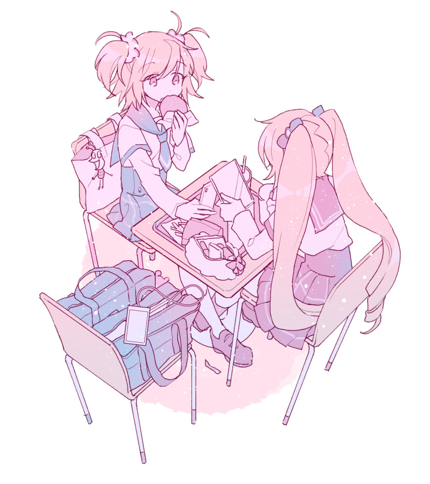 2girls ayano_rika ayumaru_(art_of_life) bag blonde_hair blouse blue_bag blue_necktie blue_sailor_collar blue_skirt brown_footwear burger cellphone chair chuo_academy_school_uniform drill_hair eating facing_away food french_fries full_body gingham_skirt highres holding holding_mirror holding_phone kamihama_university_affiliated_school_uniform kisaki_emiri layered_sleeves loafers long_hair long_sleeves looking_at_phone magia_record:_mahou_shoujo_madoka_magica_gaiden mahou_shoujo_madoka_magica makeup medium_hair miniskirt mirror multiple_girls necktie pastel_colors phone pink_eyes pleated_skirt red_sailor_collar red_skirt sailor_collar school_bag school_uniform scrunchie serafuku shirt shoes short_necktie short_over_long_sleeves short_sleeves simple_background sitting skirt smartphone sparkle swept_bangs table twintails two_side_up very_long_hair white_background white_legwear white_scrunchie white_shirt