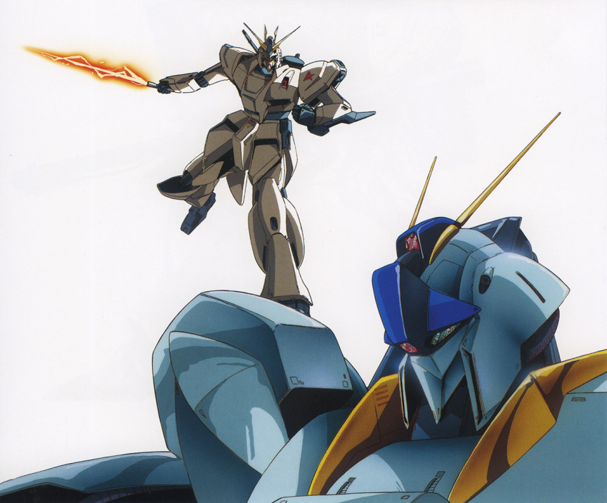 1980s_(style) anaheim_electronics artist_request energy_sword char&#039;s_counterattack earth_federation gundam key_visual mecha mobile_suit nu_gundam official_art oldschool promotional_art prototype_design re-gz retro_artstyle robot roundel scan science_fiction traditional_media upper_body v-fin