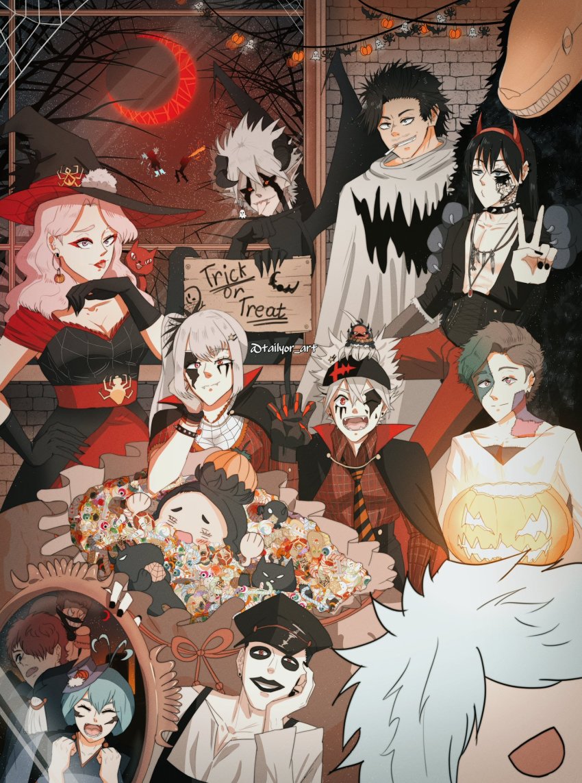 4girls asta_(black_clover) black_clover black_hair blue_hair candy charmy_pappitson chibi cloak devil fangs finral_roulacase food gauche_adlai ghost_costume gordon_agrippa grey_(black_clover) group_picture halloween halloween_costume hat head_on_hand headband henry_legolant highres jack-o&#039;-lantern liebe_(black_clover) looking_at_viewer luck_voltia magna_swing mime multiple_boys multiple_girls nacht_faust noelle_silva open_mouth patchwork_skin peace_symbol pink_hair red_hair secre_swallowtail sign silk silver_hair smile spider_web tailyor_art vampire_costume vanessa_enoteca watermark witch witch_hat yami_sukehiro zora_ideale