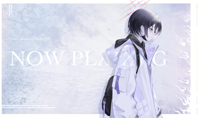 14yuruis 1girl absurdres bag black_bag black_hair black_hoodie black_mask blue_archive closed_mouth ear_piercing from_side highres holding holding_bag hood hoodie jacket misaki_(blue_archive) piercing red_eyes short_hair sidelocks smile solo upper_body white_jacket