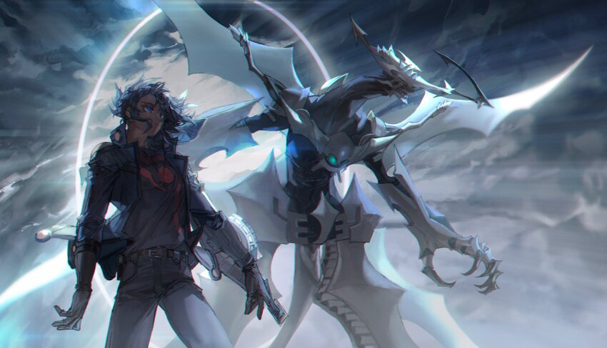1boy bad_link black_hair black_shirt blue_eyes blue_jacket brown_footwear brown_gloves card cloud cloudy_sky dappled_sunlight denim dragon duel_disk duel_monster elbow_gloves elbow_pads energy_ring facial_mark facing_to_the_side flying fudo_yusei gloves highres holding holding_card jacket jeans knee_pads looking_to_the_side male_focus mecha mechanical_arms mechanical_legs mechanical_wings momentcorefly open_clothes open_jacket outdoors outstretched_arms pants popped_collar robot shirt shooting_quasar_dragon sky source_request spiked_hair sunlight wind wings yu-gi-oh! yu-gi-oh!_5d&#039;s