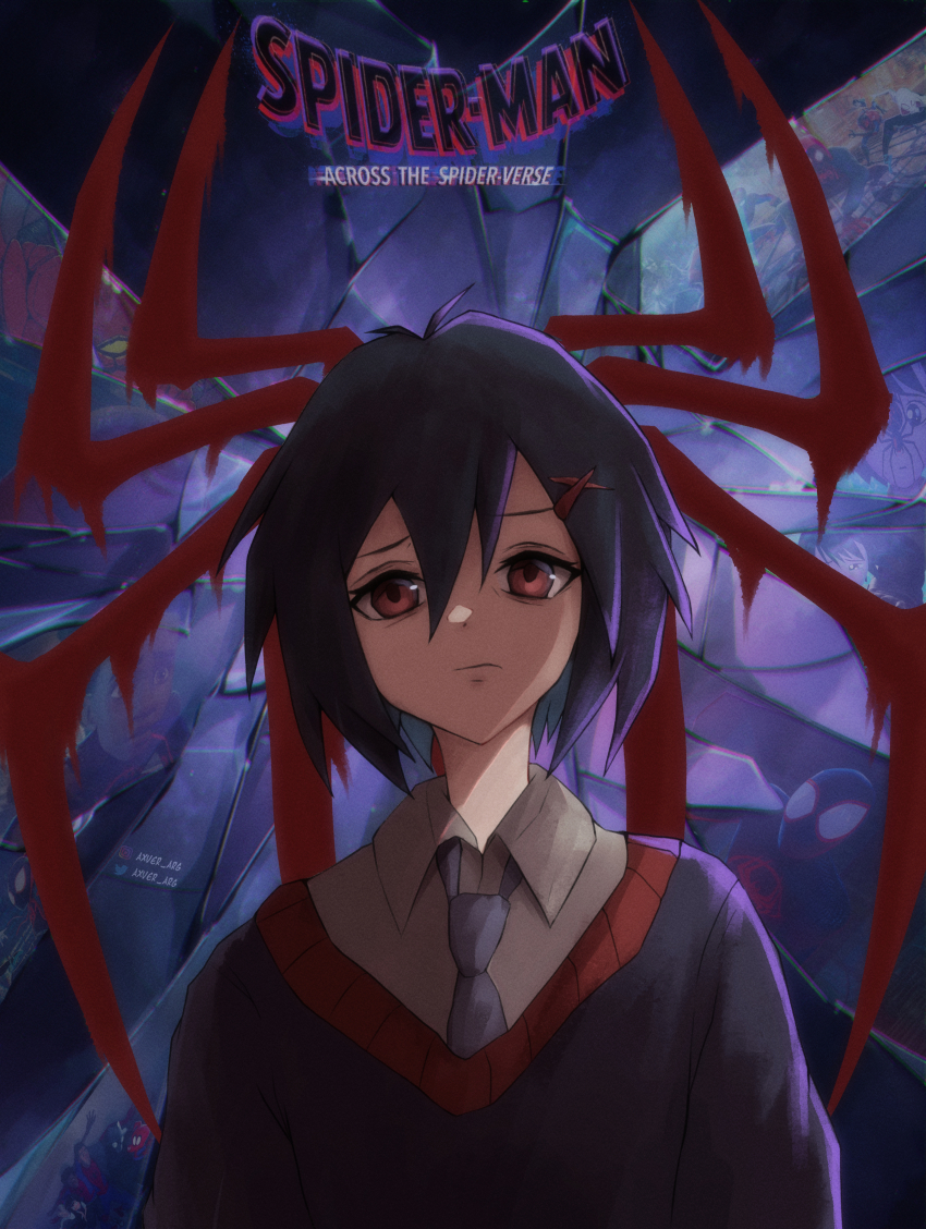 1girl absurdres axver_arg bags_under_eyes black_hair black_sweater breaking bug copyright_logo copyright_name depressed dress_shirt english_text frown grey_necktie hair_between_eyes hair_ornament highres long_bangs marvel miles_morales necktie peni_parker peter_b_parker raised_eyebrow red_eyes reflection school_uniform shirt short_hair solo sp//dr spider spider-gwen spider-ham spider-man spider-man:_across_the_spider-verse spider-man_(miles_morales) spider-man_(series) spider-man_noir spider-verse sweater upper_body white_shirt x_hair_ornament