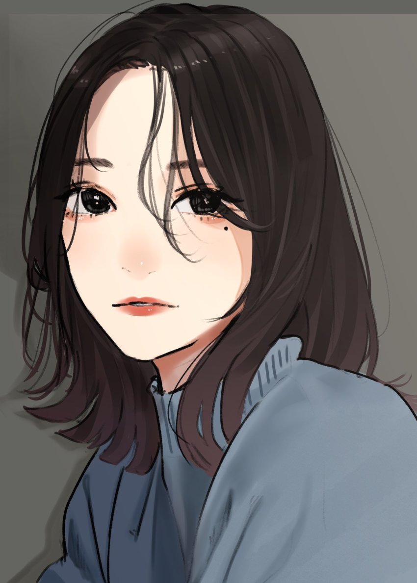 1girl bad_id bad_twitter_id blue_shirt bob_cut brown_eyes brown_hair grey_background highres lips looking_at_viewer medium_hair mole mole_under_eye original parted_lips saitou_(lynx-shrike) shirt solo