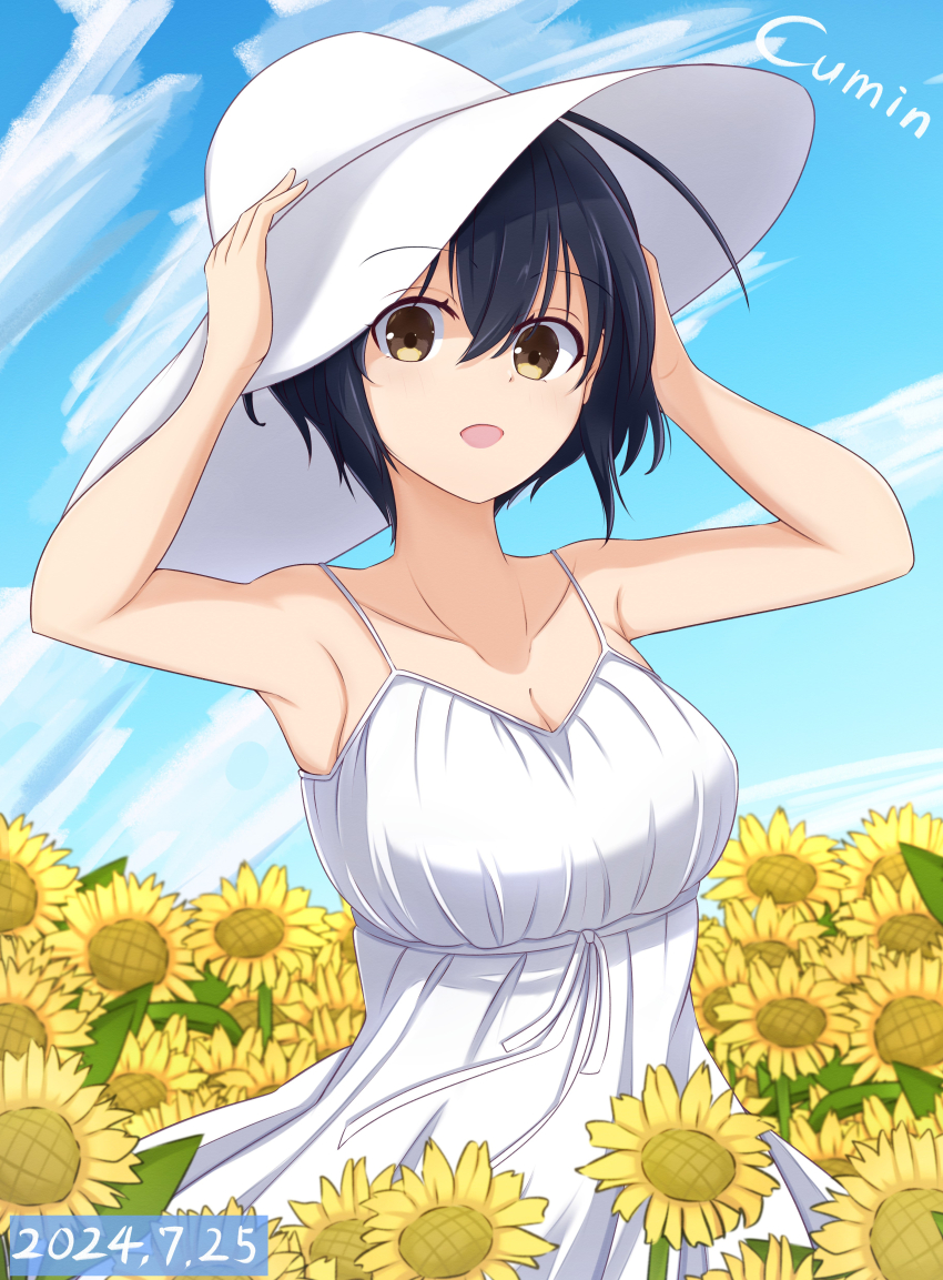 1girl 22/7 absurdres adjusting_clothes adjusting_headwear artist_name black_hair brown_eyes cloud collarbone cowboy_shot dated dress field flower flower_field hands_on_headwear highres looking_at_viewer open_mouth outdoors short_hair sky sleeveless sleeveless_dress solo standing sunflower sunflower_field takigawa_miu takumitu_711 white_dress