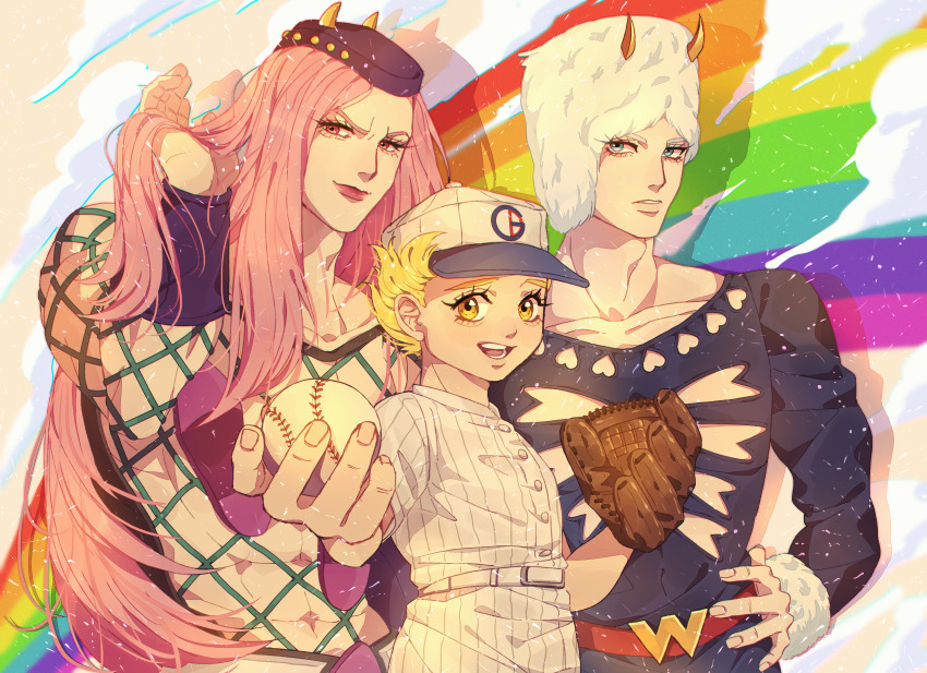 3boys absurdres baseball baseball_cap baseball_glove baseball_uniform blonde_hair blue_eyes cloud dreadlocks emporio_alnino fake_horns fishnet_top fishnets fur_hat hand_in_own_hair hands_on_own_hips hat highres horned_hat horns jojo_no_kimyou_na_bouken long_hair male_focus multiple_boys narciso_anasui pink_eyes pink_hair rainbow siniy sportswear stone_ocean weather_report yellow_eyes