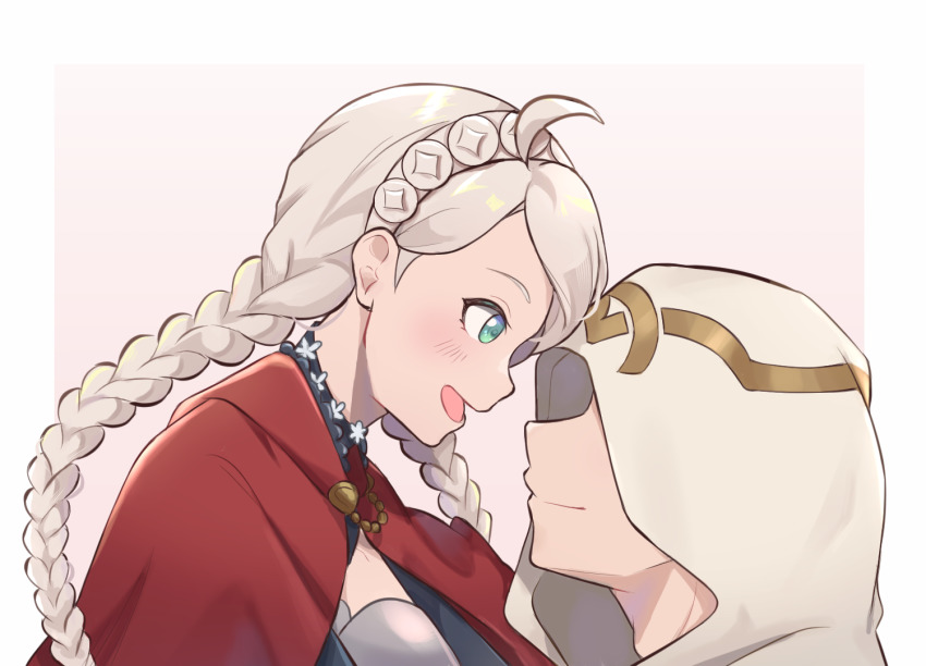 1boy 1girl ahoge blue_eyes braid buttons capelet choker commission commissioner_upload couple faceless faceless_male fire_emblem fire_emblem_fates fire_emblem_heroes hairband hetero hood hood_down hood_up hooded_capelet hug kiran_(fire_emblem) male_kiran_(fire_emblem) long_hair low_twintails nina_(fire_emblem) nintendo non-web_source parted_bangs red_hood turtleneck twin_braids twintails white_hair white_hairband white_hood witchi