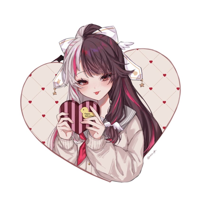 1girl bad_id bad_twitter_id black_hair blush cardigan chocolate food happy_valentine heart highres holding holding_chocolate holding_food long_hair looking_at_viewer multicolored_hair neko_tengoku nijisanji official_alternate_costume pink_hair ponytail red_eyes ribbon sailor_collar school_uniform simple_background smile solo split-color_hair streaked_hair tongue tongue_out twitter_username two-tone_hair valentine virtual_youtuber white_background white_hair white_ribbon yorumi_rena yorumi_rena_(9th_costume)