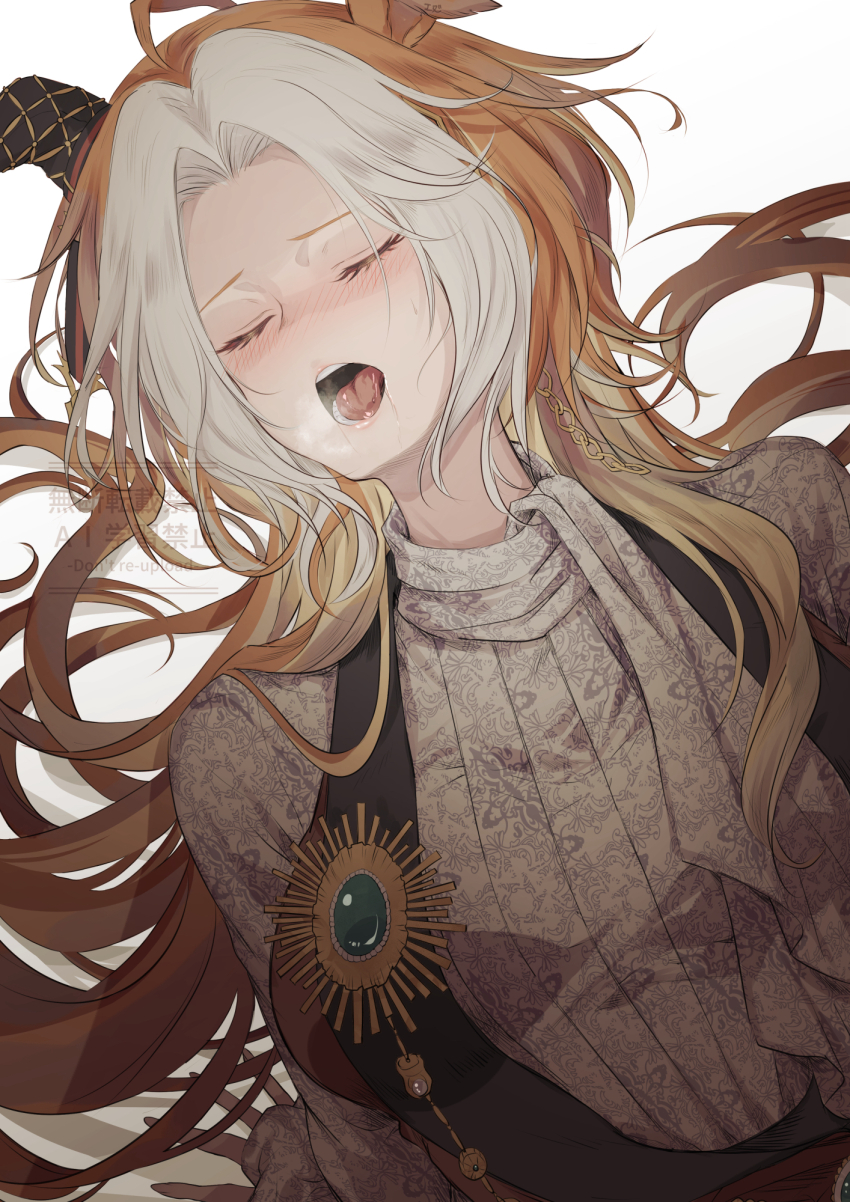 1girl animal_ears blush breasts brown_hair brown_shirt closed_eyes commentary_request ear_covers highres horse_ears long_hair medium_breasts multicolored_hair open_mouth orfevre_(casual)_(umamusume) orfevre_(umamusume) shirt single_ear_cover solo streaked_hair tongue tongue_out umamusume upper_body yue_(lov_n_n)