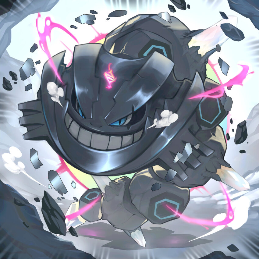 absurdres blue_eyes commentary creatures_(company) crystal debris english_commentary game_freak gen_2_pokemon highres mega_evolution mega_evolution_symbol mega_pokemon mega_steelix metal_skin nintendo no_humans pokemon pokemon_(creature) pokemon_focus solo steelix teeth tung-6458 v-shaped_eyes