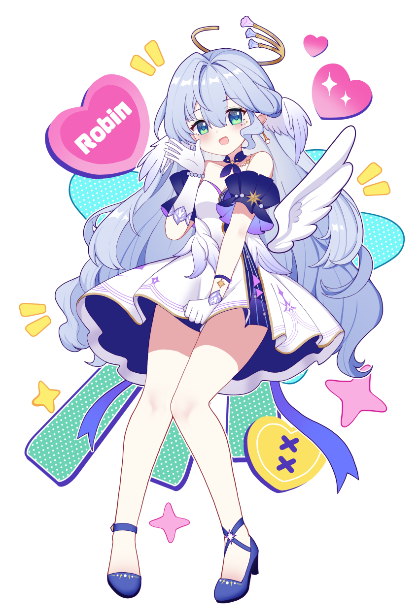 1girl absurdres aqua_eyes asymmetrical_gloves bare_shoulders bead_bracelet beads blue_footwear bracelet character_name detached_sleeves dress earrings ff2074 full_body gloves hair_between_eyes halo hand_up head_wings high_heels highres honkai:_star_rail honkai_(series) jewelry looking_at_viewer open_mouth purple_dress robin_(honkai:_star_rail) short_sleeves simple_background smile solo two-tone_dress uneven_gloves white_background white_dress white_gloves white_wings wings
