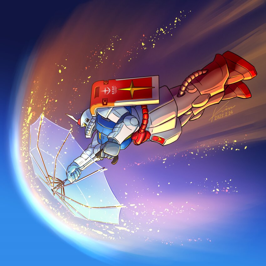 absurdres gundam gundam_gquuuuuux highres holding holding_umbrella kobakin mecha mecha_focus mobile_suit mobile_suit_gundam no_humans one-eyed robot science_fiction shield solo space umbrella zaku zaku_ii zaku_ii_s zeon