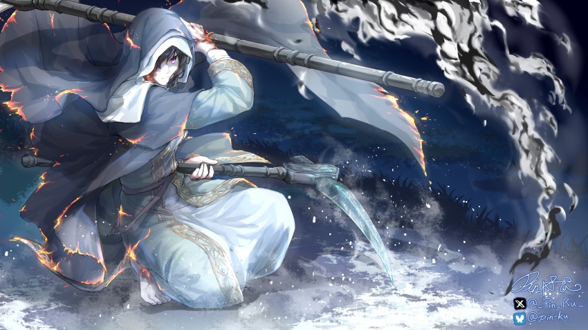 1girl absurdres artist_name barefoot black_hair bluesky_logo bluesky_username burn_scar burning_clothes commentary dark_souls_(series) dark_souls_iii dress dual_wielding embers english_commentary expressionless fighting_stance grass hair_over_one_eye highres holding holding_scythe hood long_dress long_sleeves nun pin.s purple_eyes scar scythe sister_friede solo squatting toes twitter_username twitter_x_logo